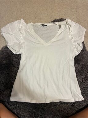 INC International Concepts White V-Neck Puff Sleeve Tee
